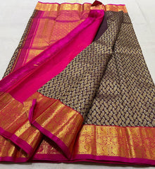 BROWN COLOUR | SMALL LEAVES & RED GOLDISH BORDER ZARI KOTA SILK SAREE