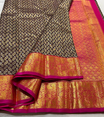 BROWN COLOUR | SMALL LEAVES & RED GOLDISH BORDER ZARI KOTA SILK SAREE