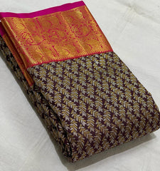 BROWN COLOUR | SMALL LEAVES & RED GOLDISH BORDER ZARI KOTA SILK SAREE