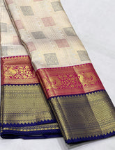 HALF WHITE/MAGENTA PINK/NAVY BLUE WITH ZARI KANCHI SILK SAREE