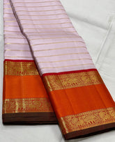 BABY PINK/ORANGISH RED BORDER COMBITION PURE KANCHI SILK SAREE