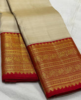 HALF WHITE / RED KANCHI SILK SAREE