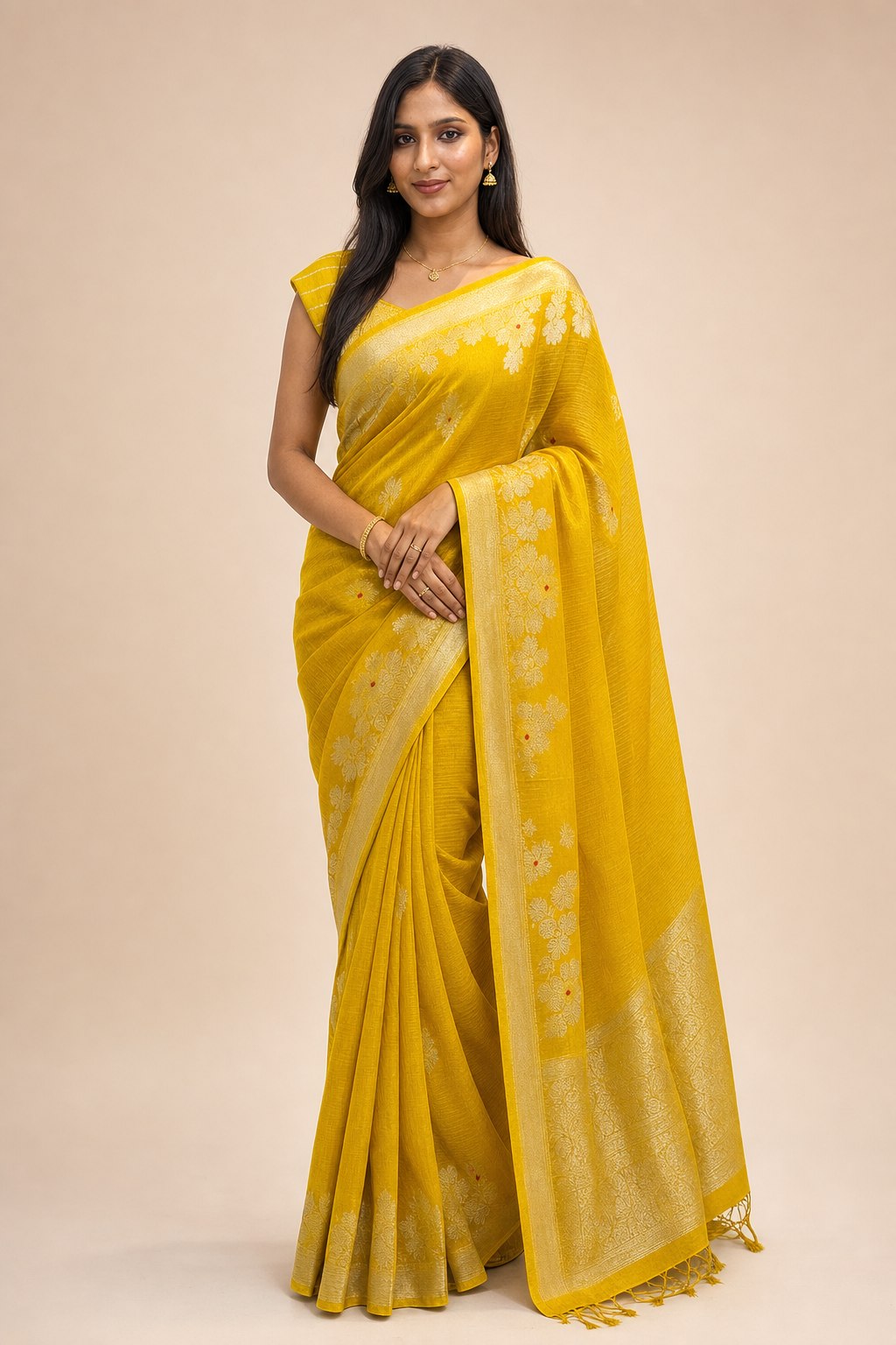 Yellow Kota silk saree - model front view