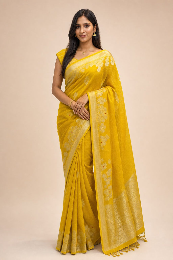 Yellow Kota silk saree - model front view