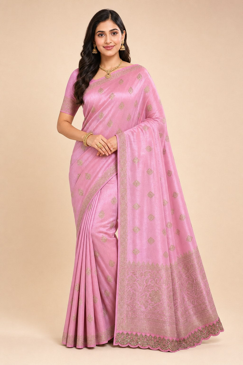 BABY PINK COLOUR BANARAS SAREE - model front view