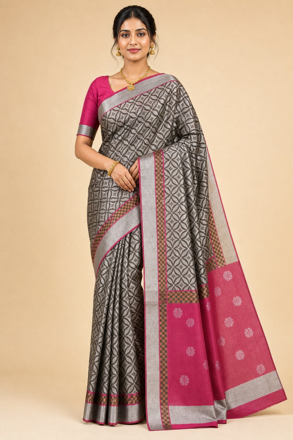 BRICK COLOUR SAREE - model front view