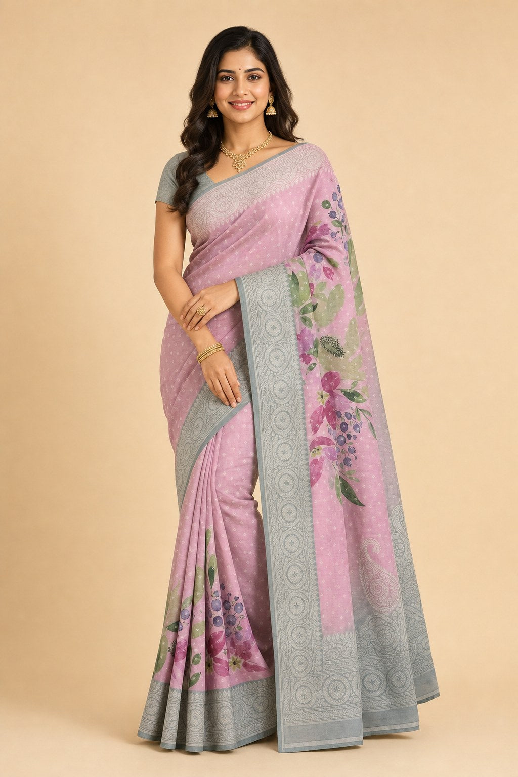 BABY PINK FLORAL GEORGETTE SAREE - model front view