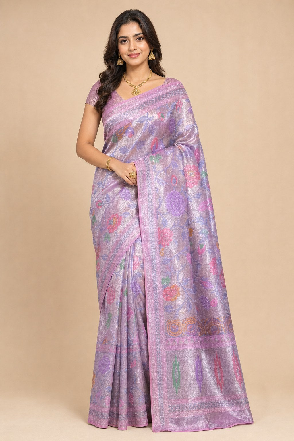 BABY PINK TISSUE SAREE - model front view