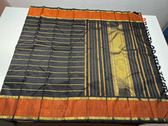 BLACK COLOUR & ORANGE BORDER  KANCHIPURAM SILK SAREE