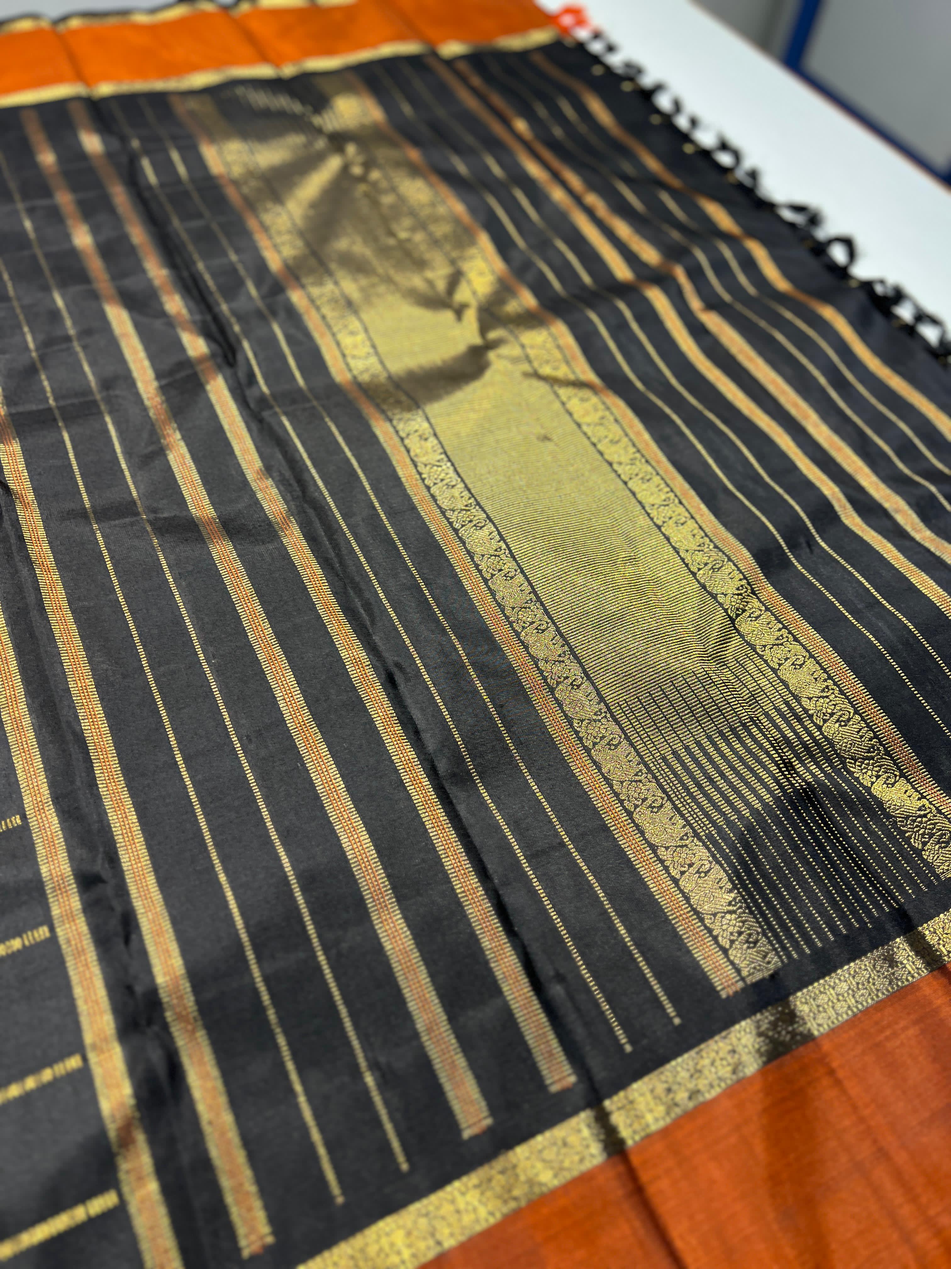 BLACK COLOUR & ORANGE BORDER  KANCHIPURAM SILK SAREE