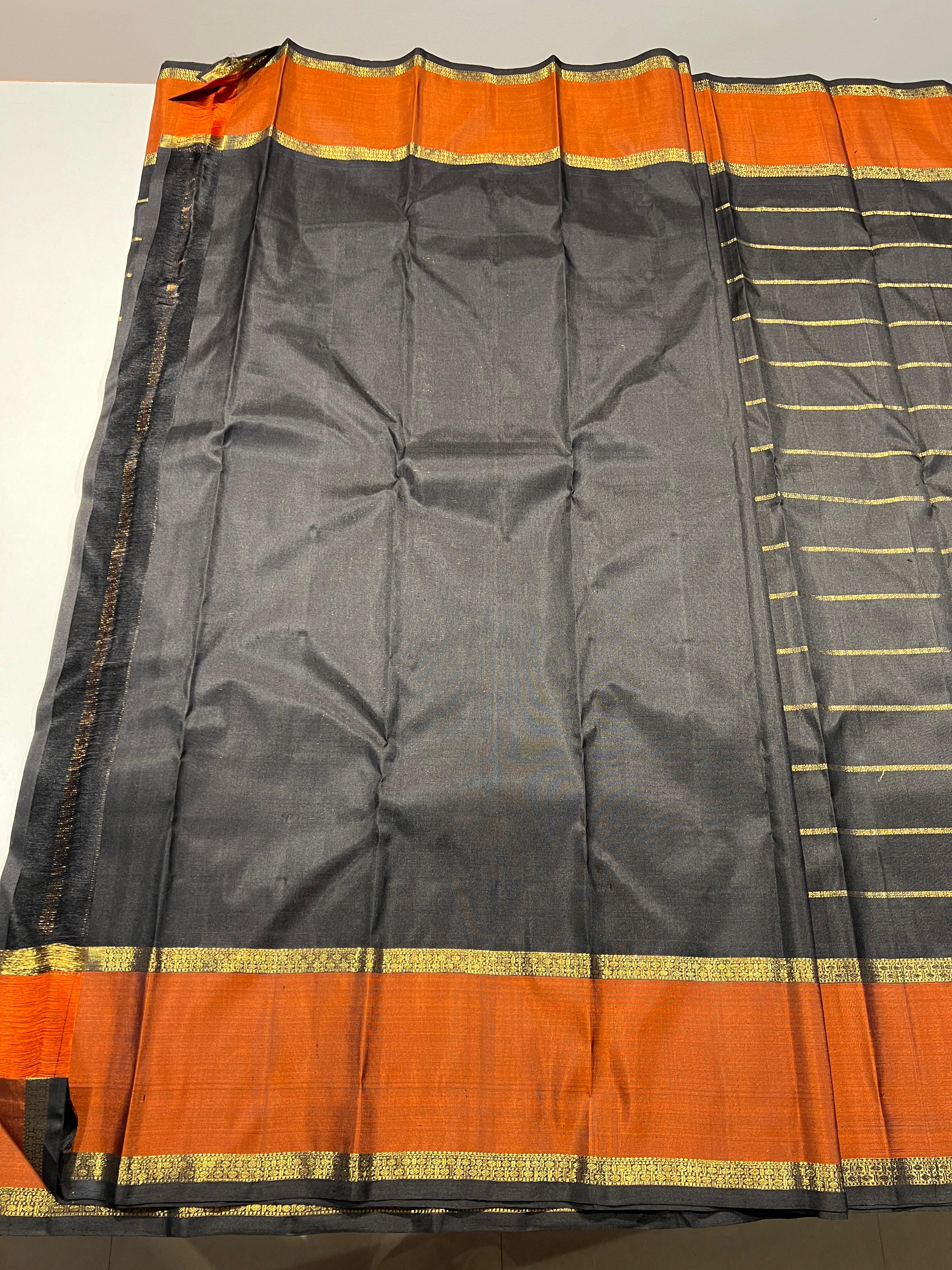 BLACK COLOUR & ORANGE BORDER  KANCHIPURAM SILK SAREE