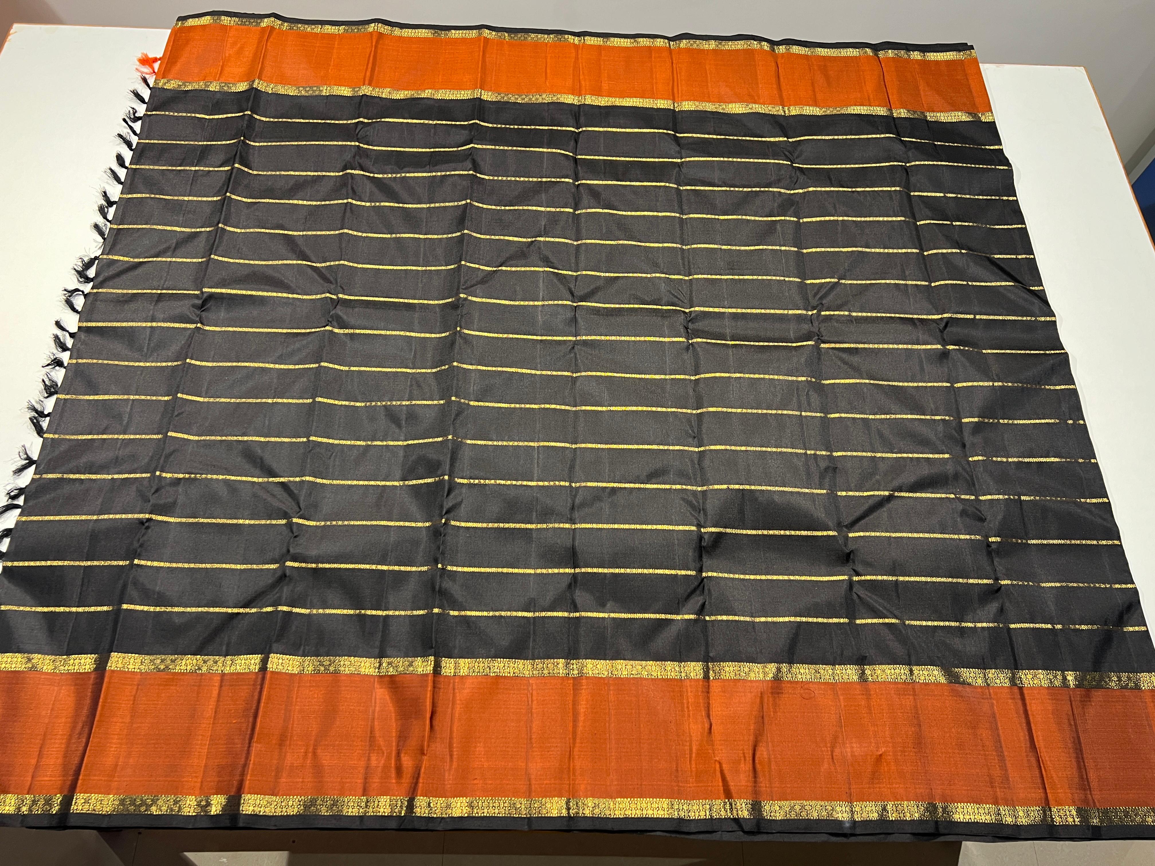 BLACK COLOUR & ORANGE BORDER  KANCHIPURAM SILK SAREE