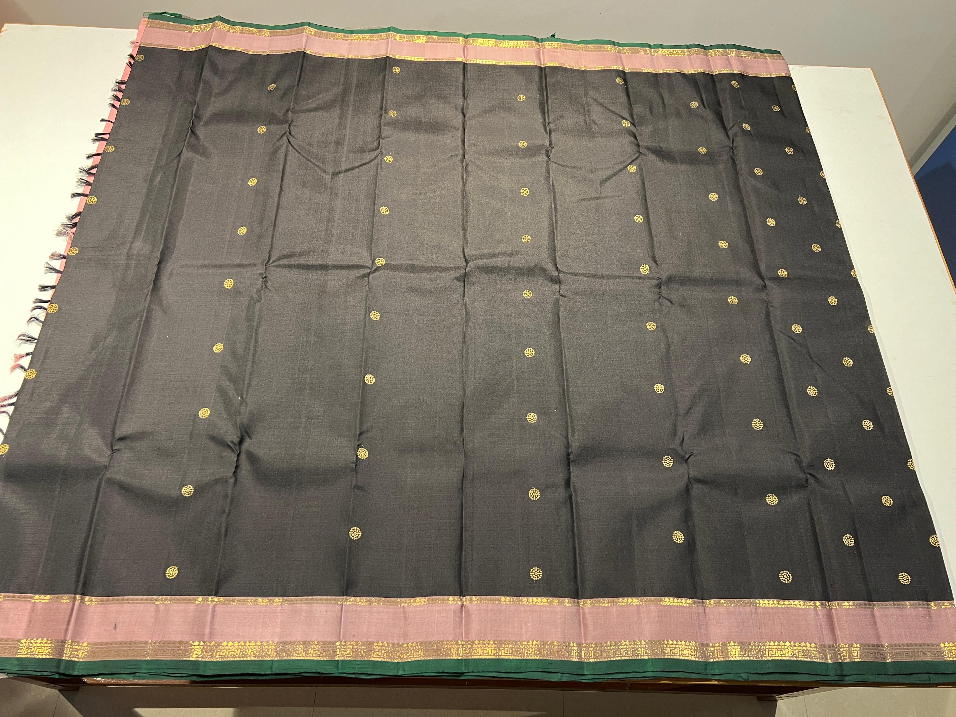 BLACK COLOUR & PINK BORDER KANCHIPURAM SILK SAREE