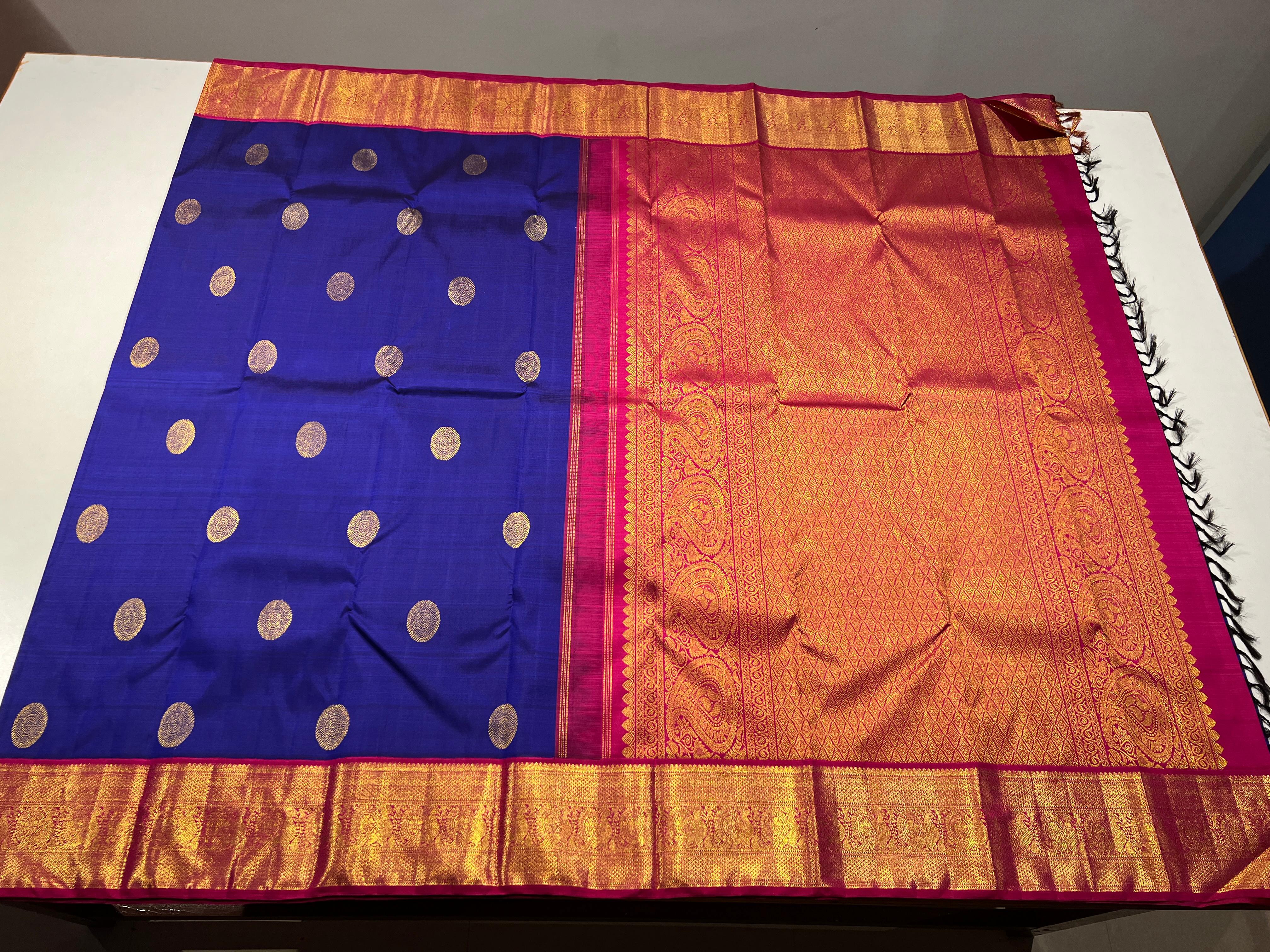 ROYAL BLUE COLOUR & PINK/GOLD BORDER KACHIPURAM SILK SAREE
