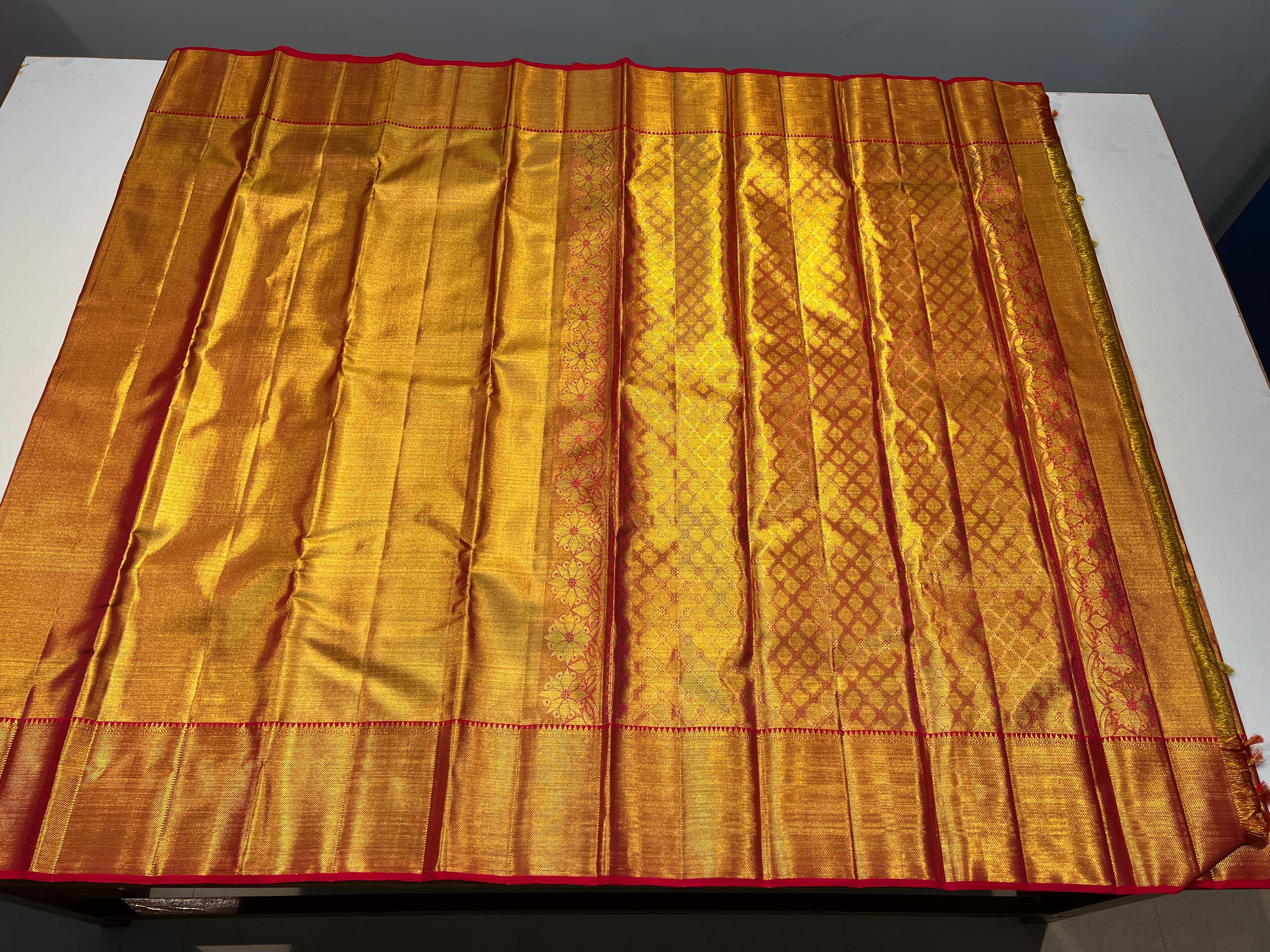 FULL GOLD COLOUR  & RED BORDER KANCHIPURAM SILK SAREE