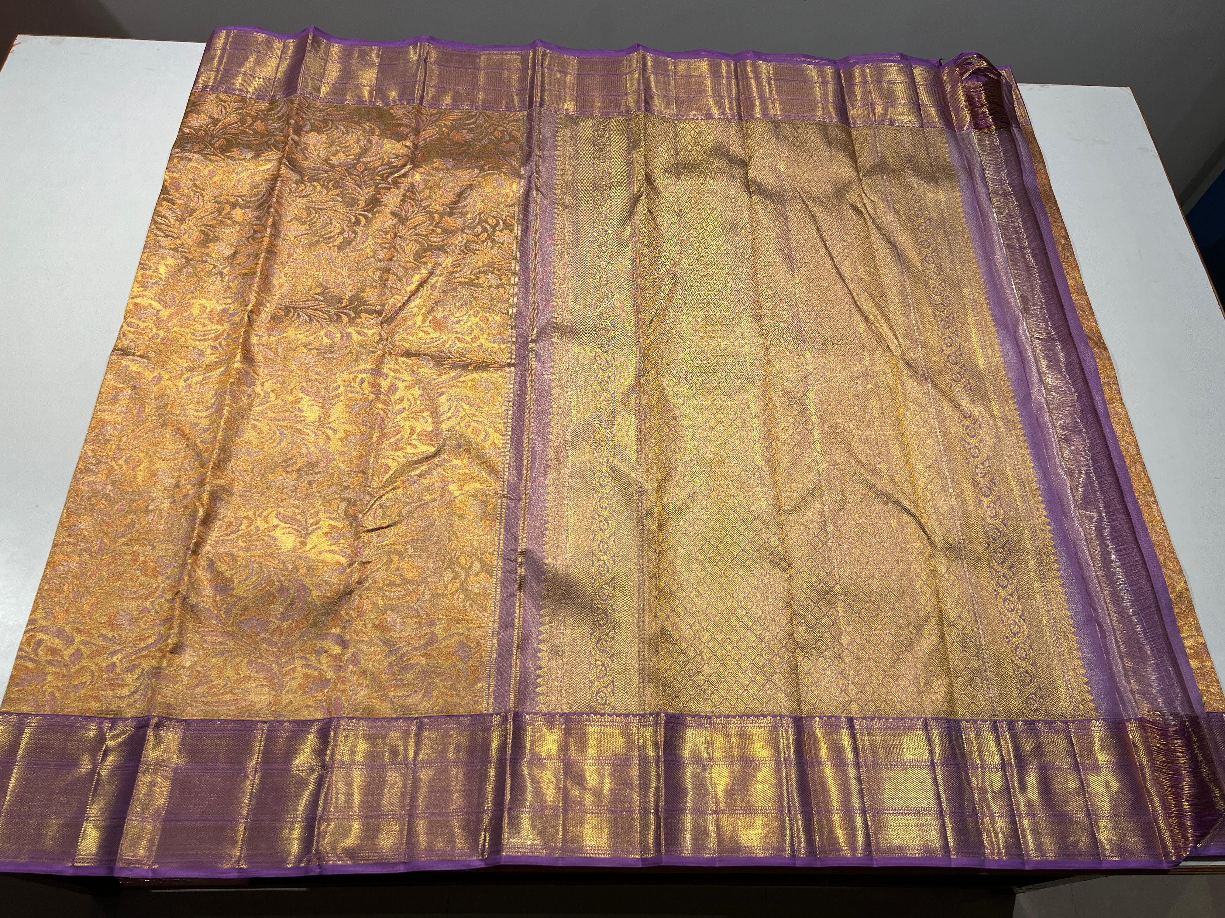 GOLDEN COLOUR & LITE PURPLE BORDER KACHIPURAM SILK SAREE