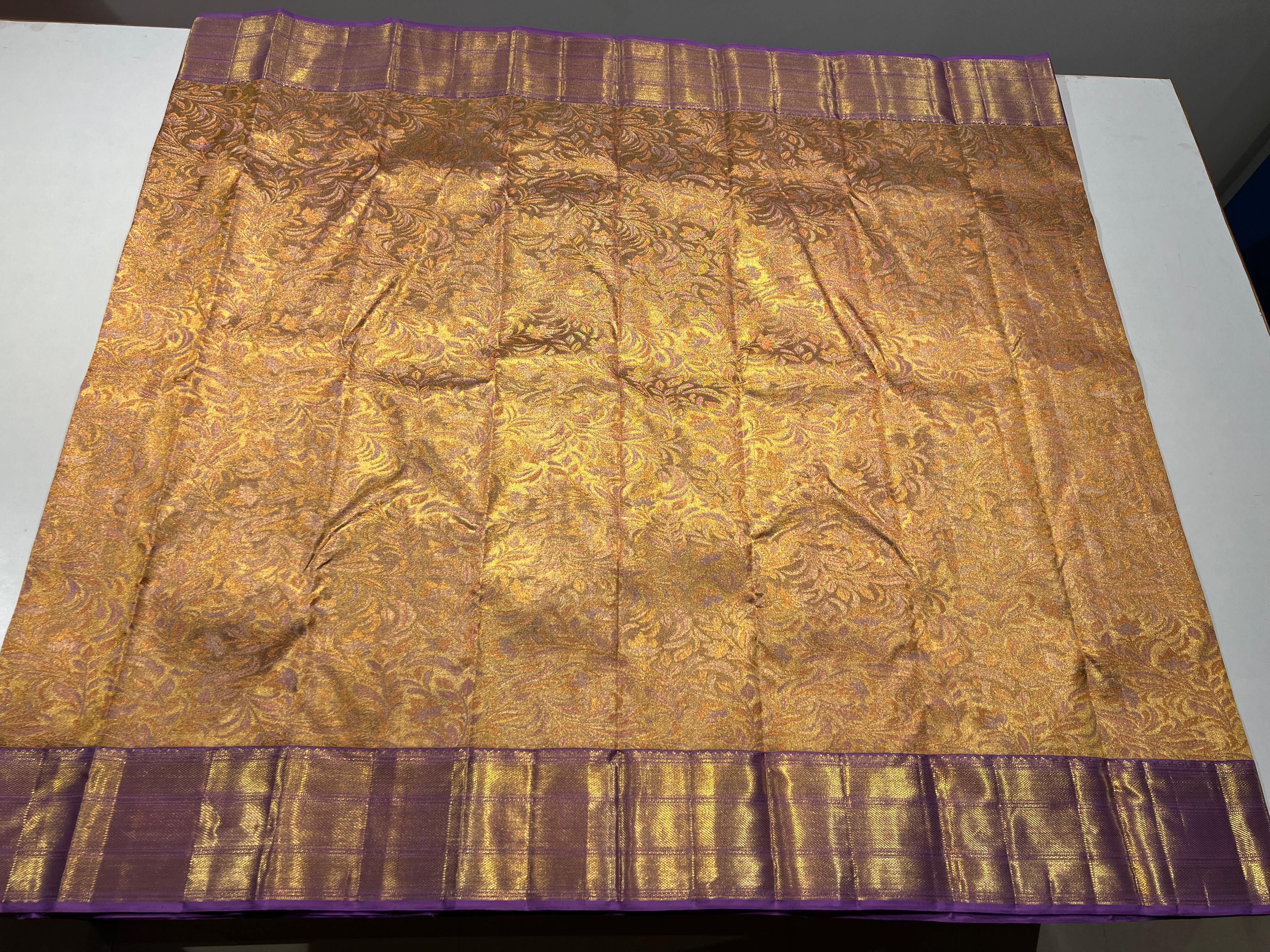 GOLDEN COLOUR & LITE PURPLE BORDER KACHIPURAM SILK SAREE
