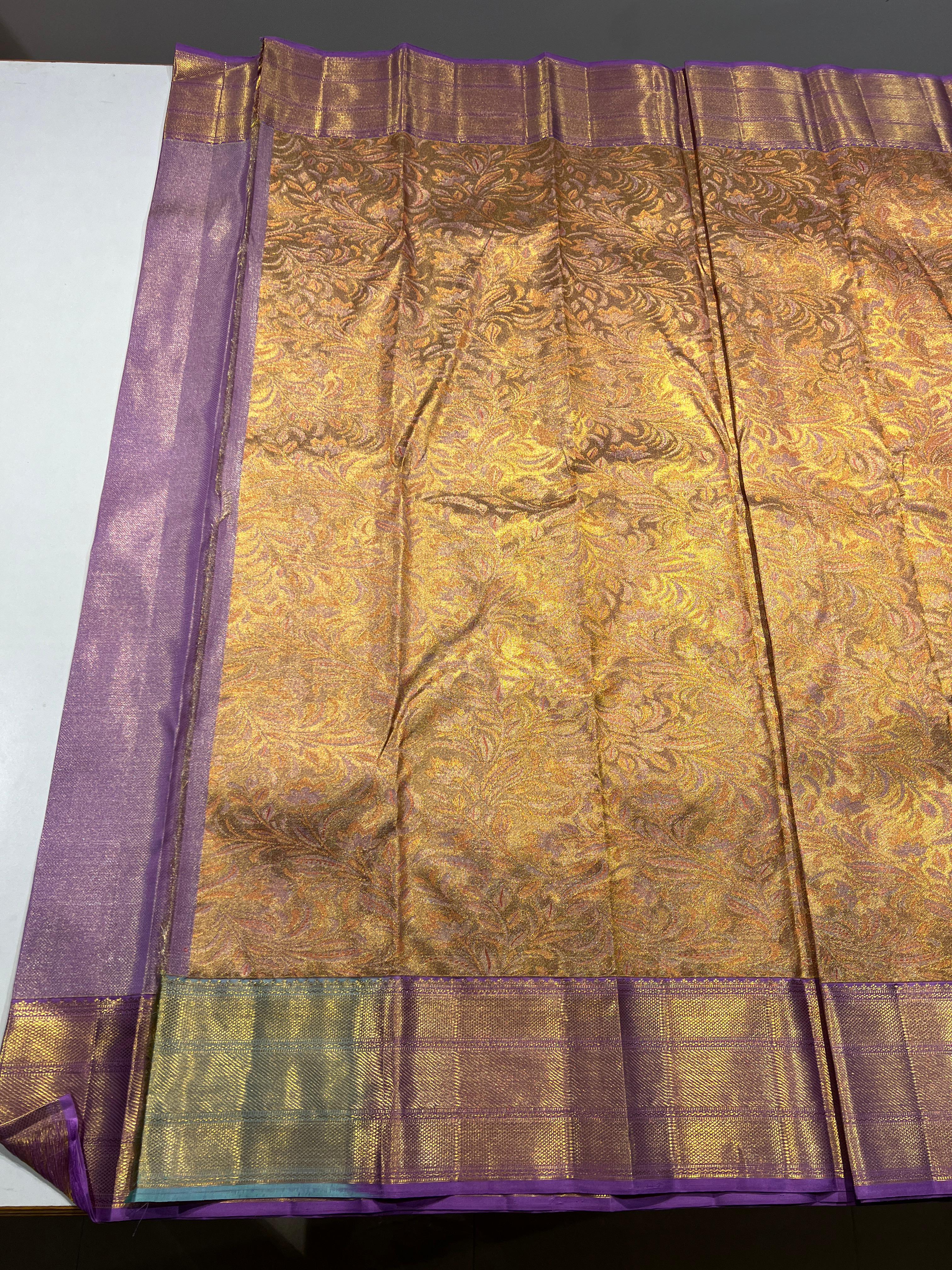 GOLDEN COLOUR & LITE PURPLE BORDER KACHIPURAM SILK SAREE