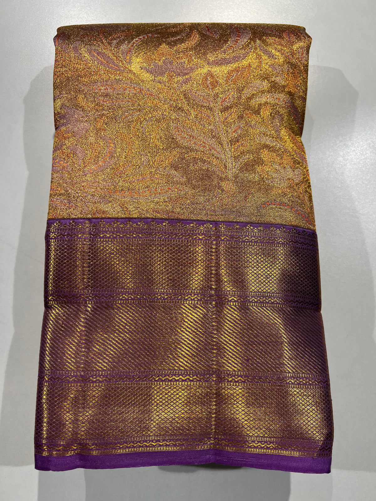 GOLDEN COLOUR & LITE PURPLE BORDER KACHIPURAM SILK SAREE