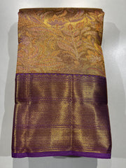 GOLDEN COLOUR & LITE PURPLE BORDER KACHIPURAM SILK SAREE