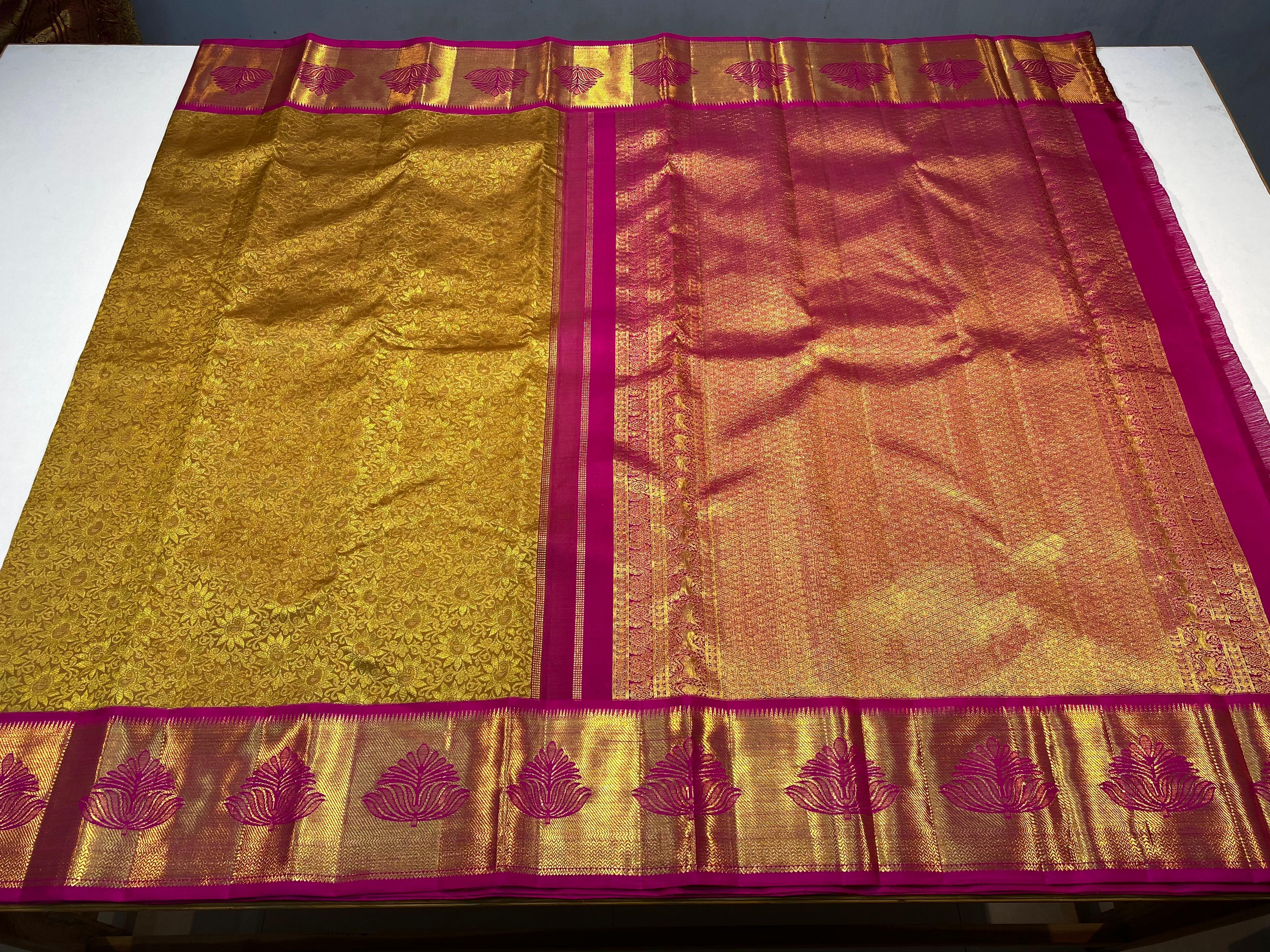 GOLDEN COLOUR & PINK/GOLD BORDER KACHIPURAM SILK SAREE