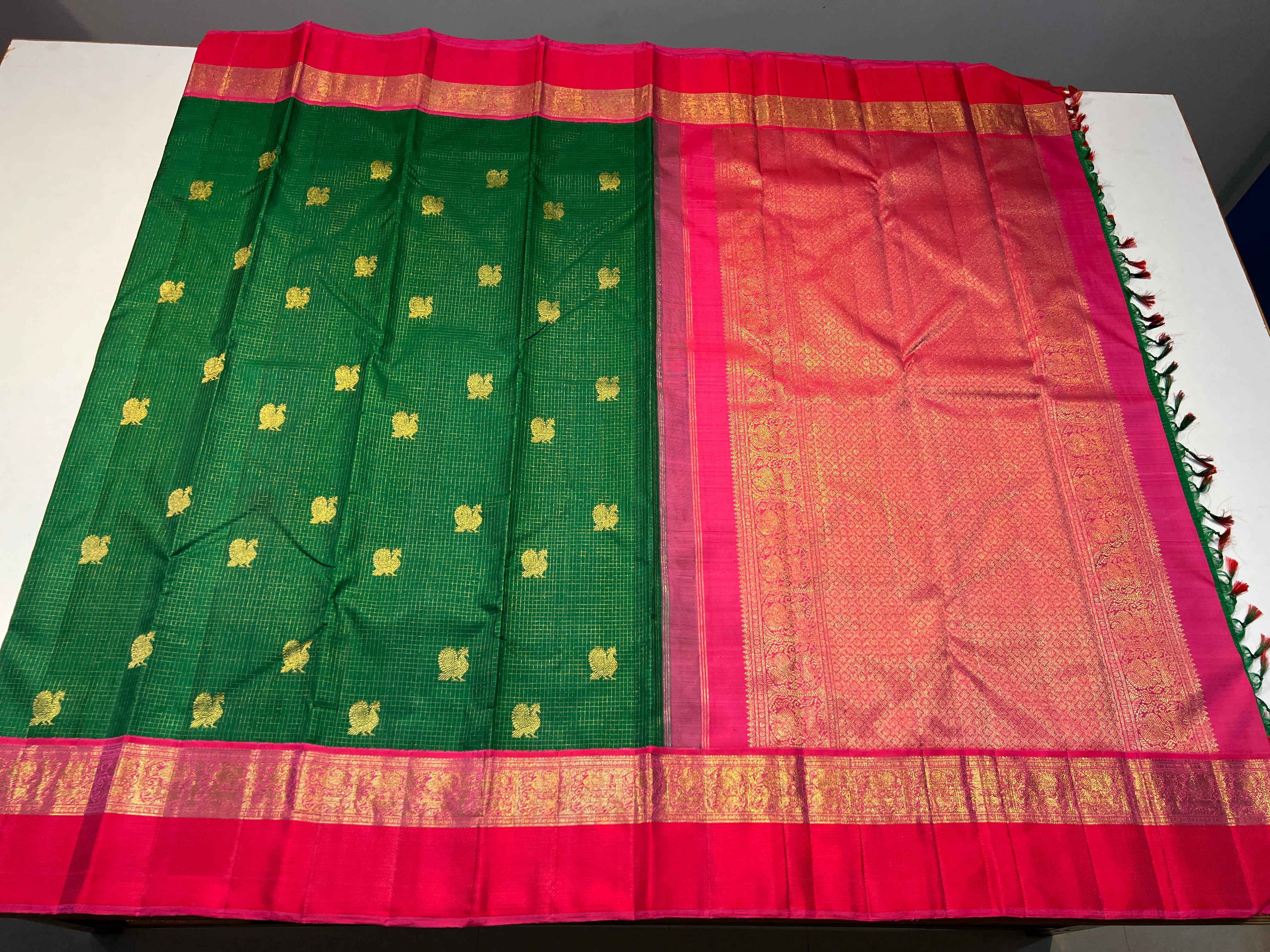 BOTTLE GREEN COLOUR & PINK\ORANGE BORDER KANCHIPURAM SILK SAREE