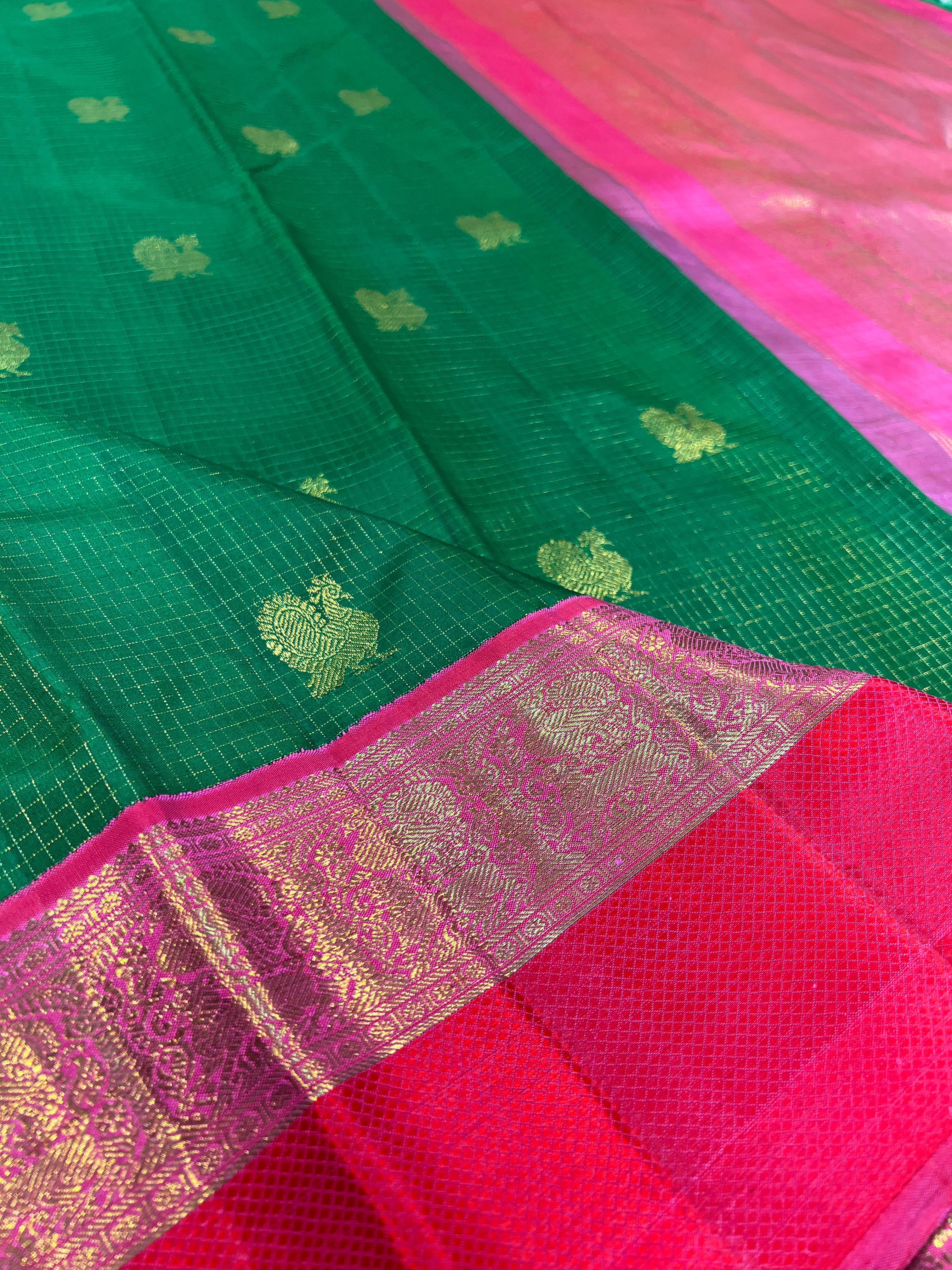 BOTTLE GREEN COLOUR & PINK\ORANGE BORDER KANCHIPURAM SILK SAREE