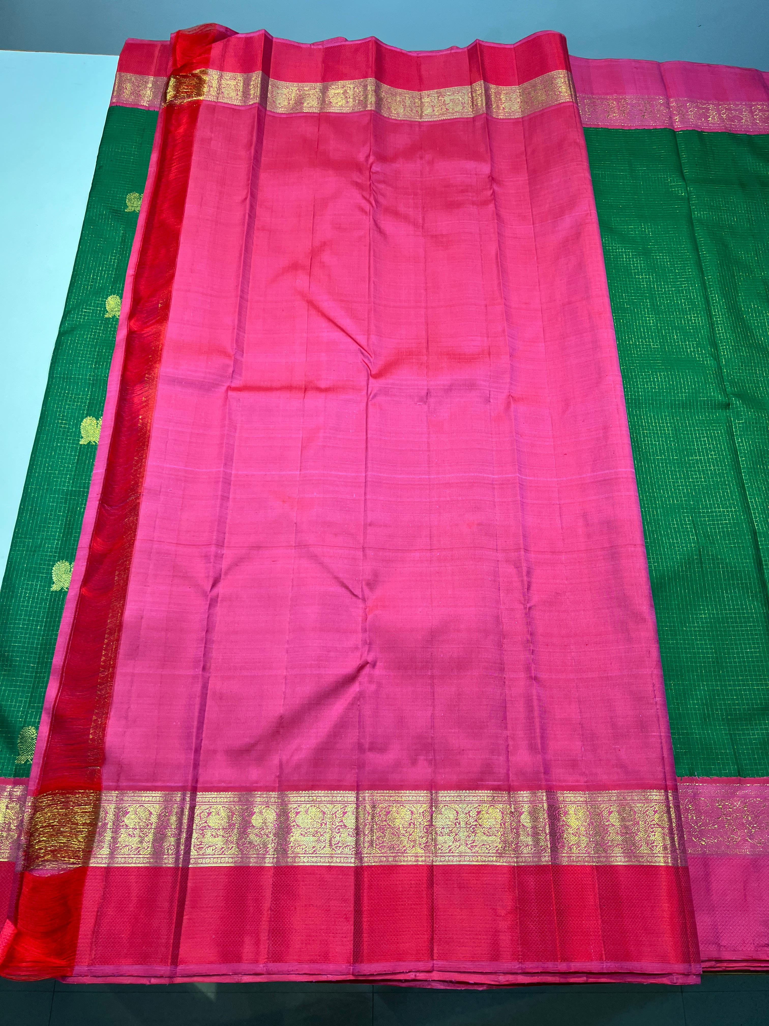 BOTTLE GREEN COLOUR & PINK\ORANGE BORDER KANCHIPURAM SILK SAREE