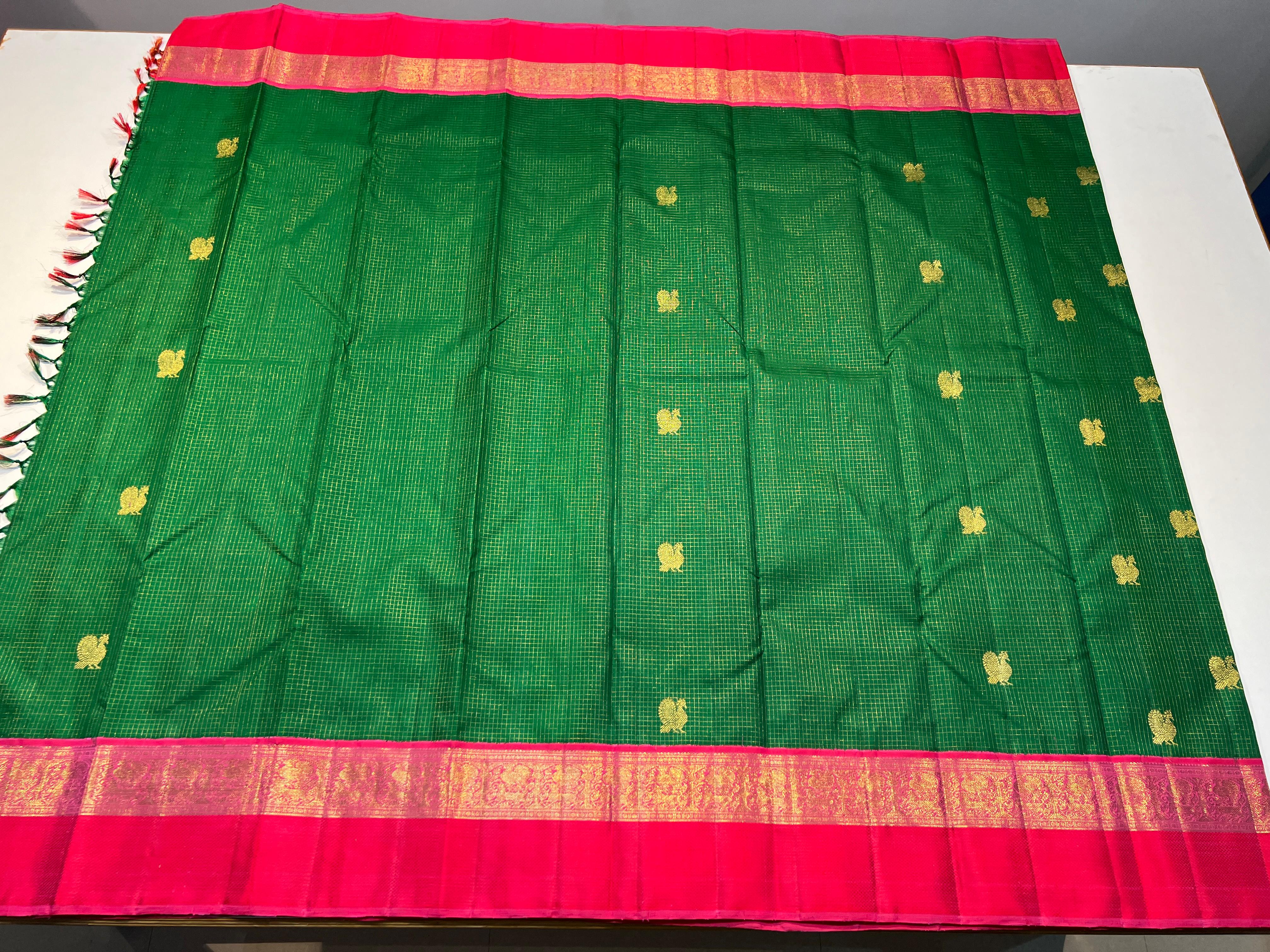 BOTTLE GREEN COLOUR & PINK\ORANGE BORDER KANCHIPURAM SILK SAREE