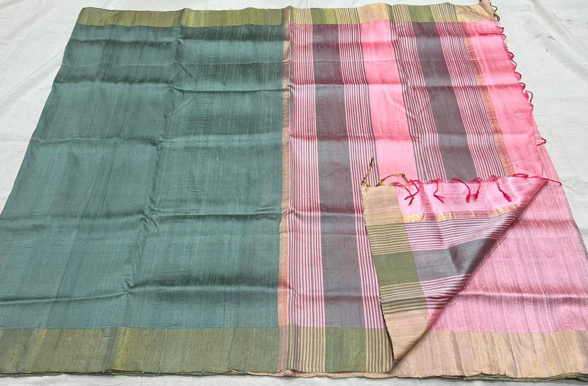 GREY / PINK SIMPLE TUSSAR SILK SAREE