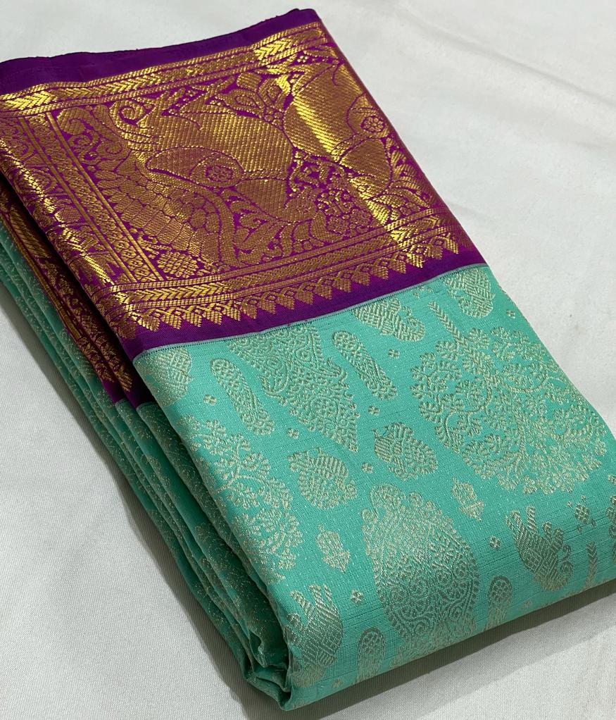 MINT GREEN / MAGENTA PINK  KANCHI SILK SAREE