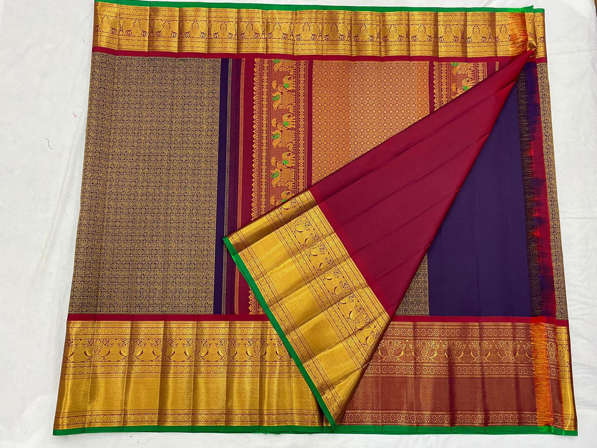 NAVY BLUE / RED KANCHI SAREE