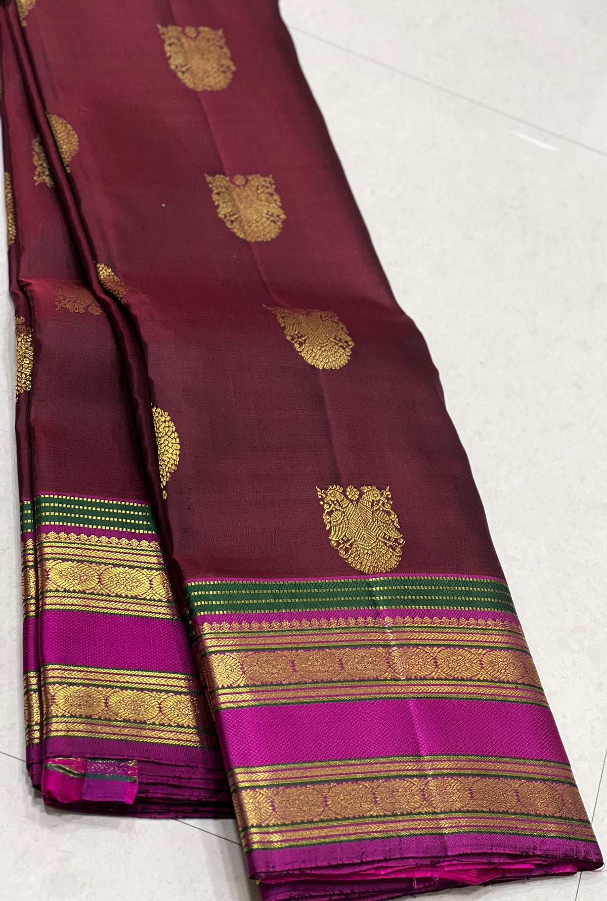 BROWN/PINK COLOUR COMBITION PURE KANCHI SILK SAREE