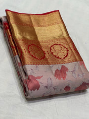 HALF WHITE/RED COMBITION PURE KANCHI SILK SAREE
