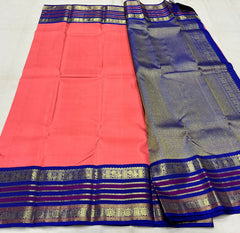 LITE ORANGE/ROYAL BLUE  BORDER COMBITION PURE KANCHI SILK SAREE