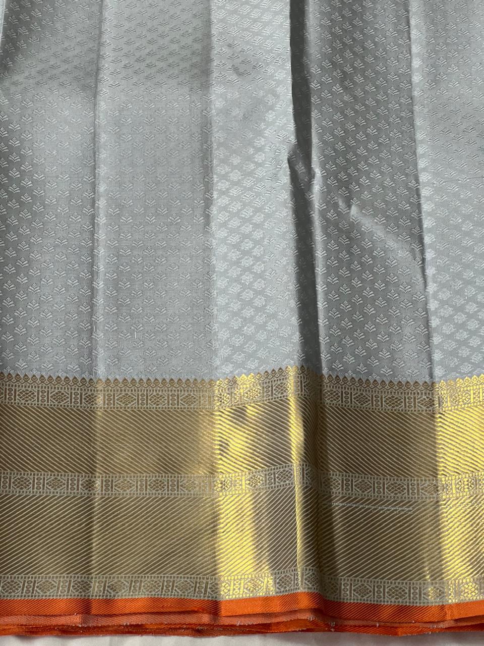 GREY/ORANGE  BORDER COMBITION PURE KANCHI SILK SAREE