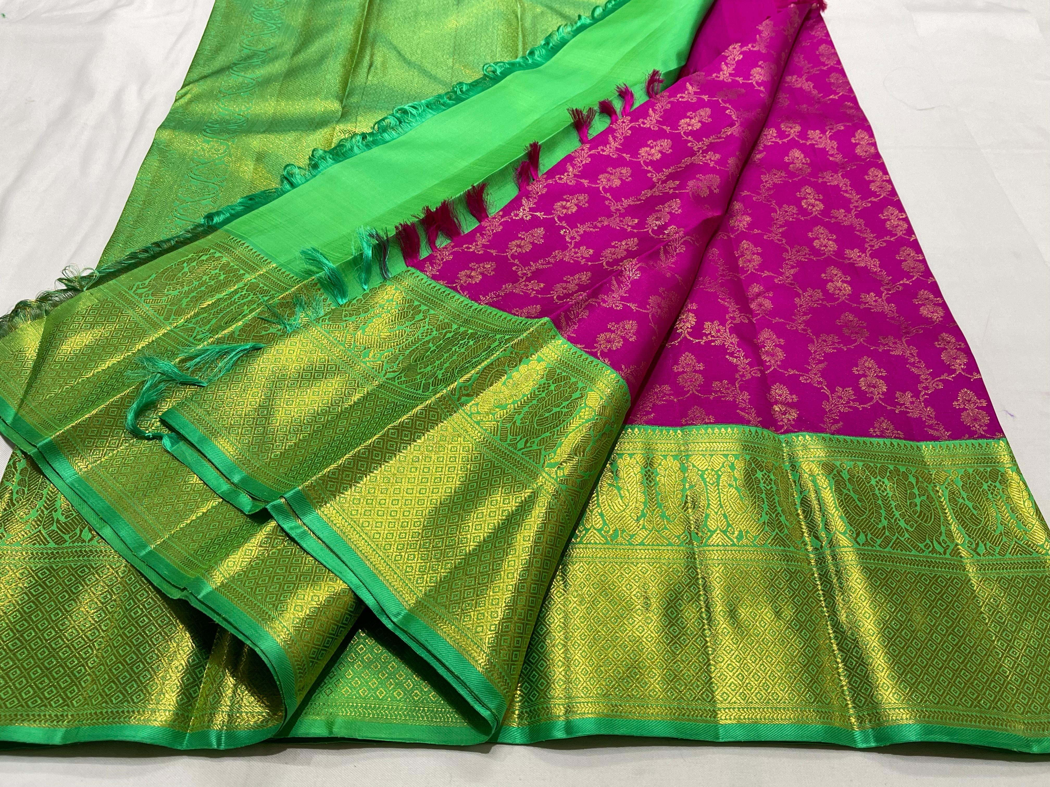 PINK/GREEN COLOUR  ZARI BORDER COMBITION PURE KANCHI SILK SAREE