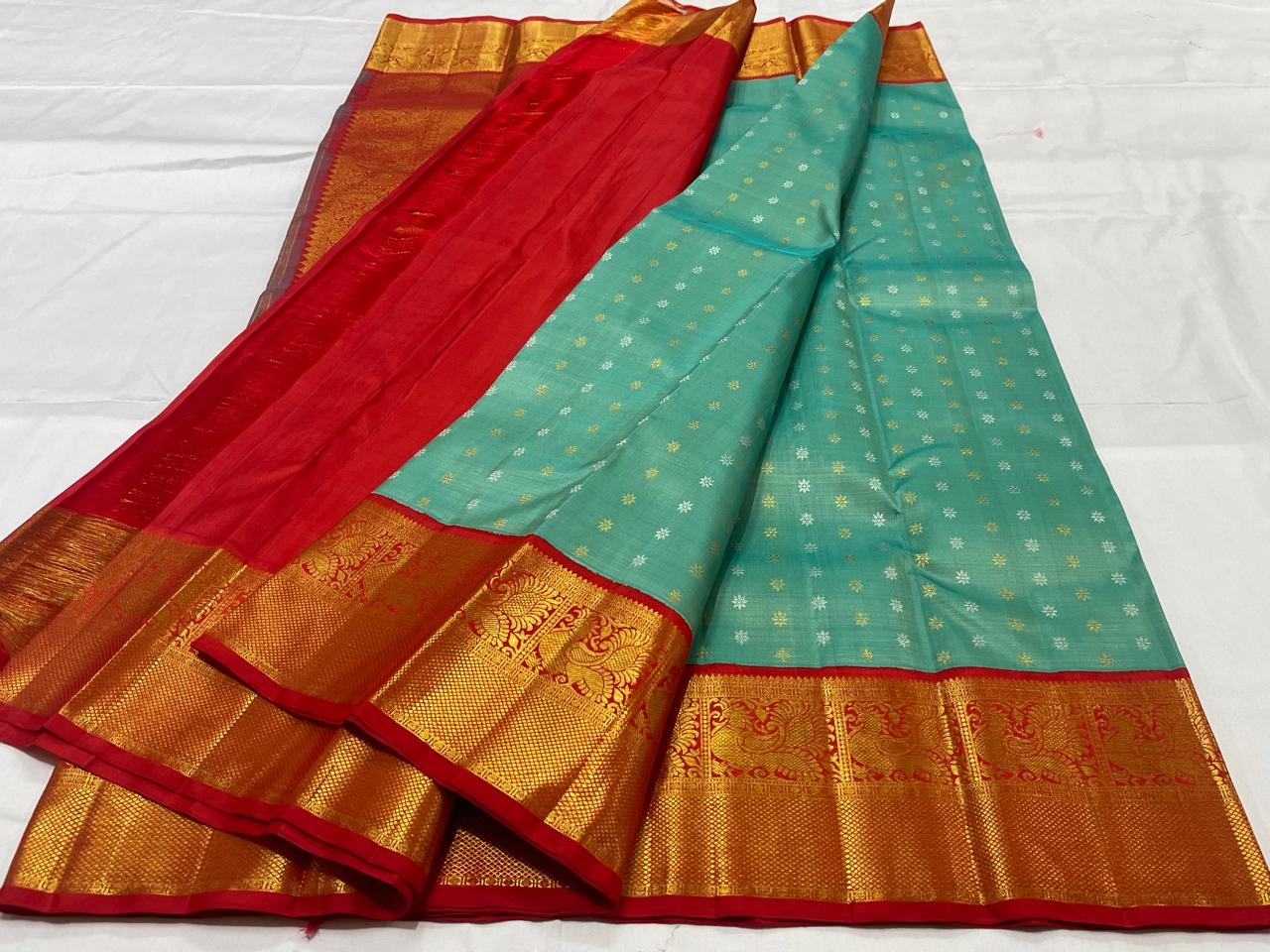 SEA GREEN/RED  COLOUR ZARI COMBINITION PURE SILK SAREES