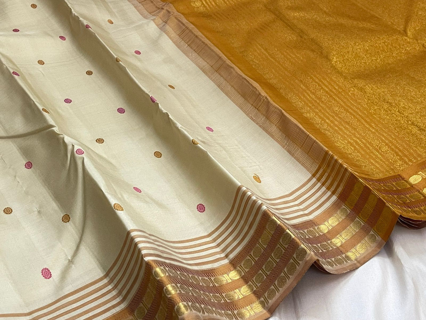Classic Mustard Yellow / Cream Kanchi Saree