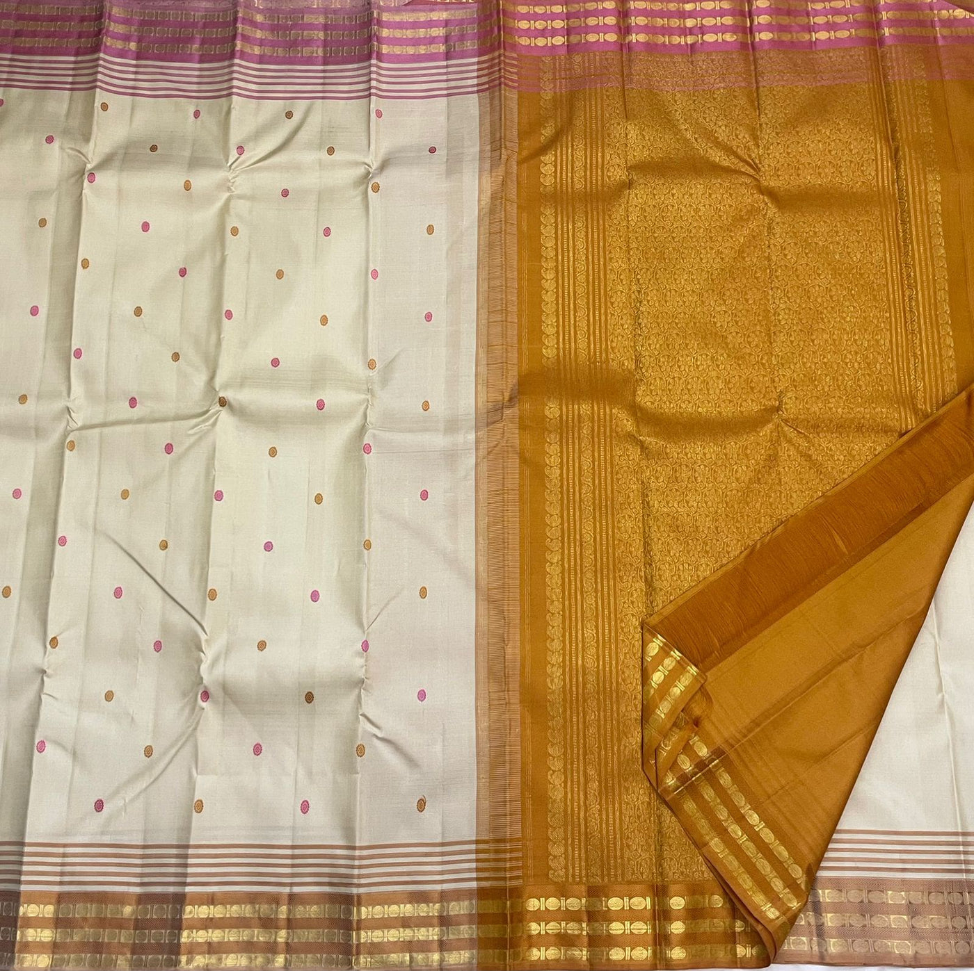 Classic Mustard Yellow / Cream Kanchi Saree