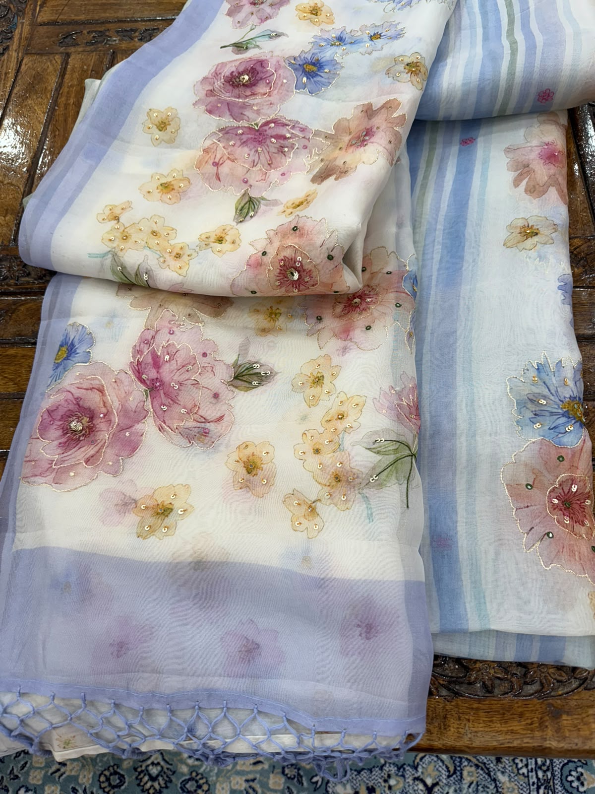 Powder Blue Organza Floral Saree
