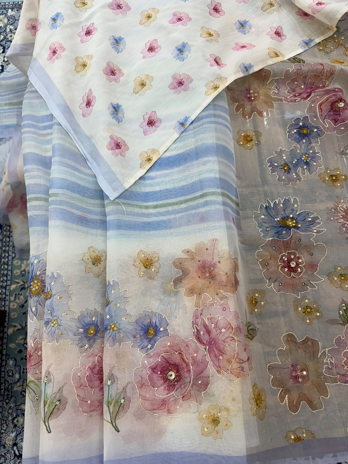 Powder Blue Organza Floral Saree