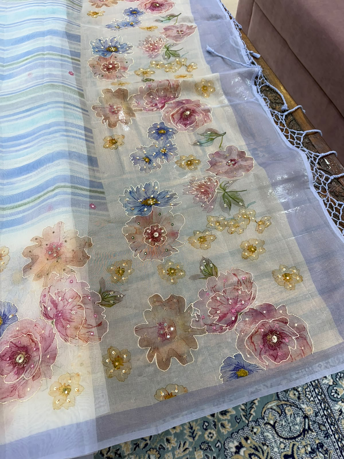 Powder Blue Organza Floral Saree