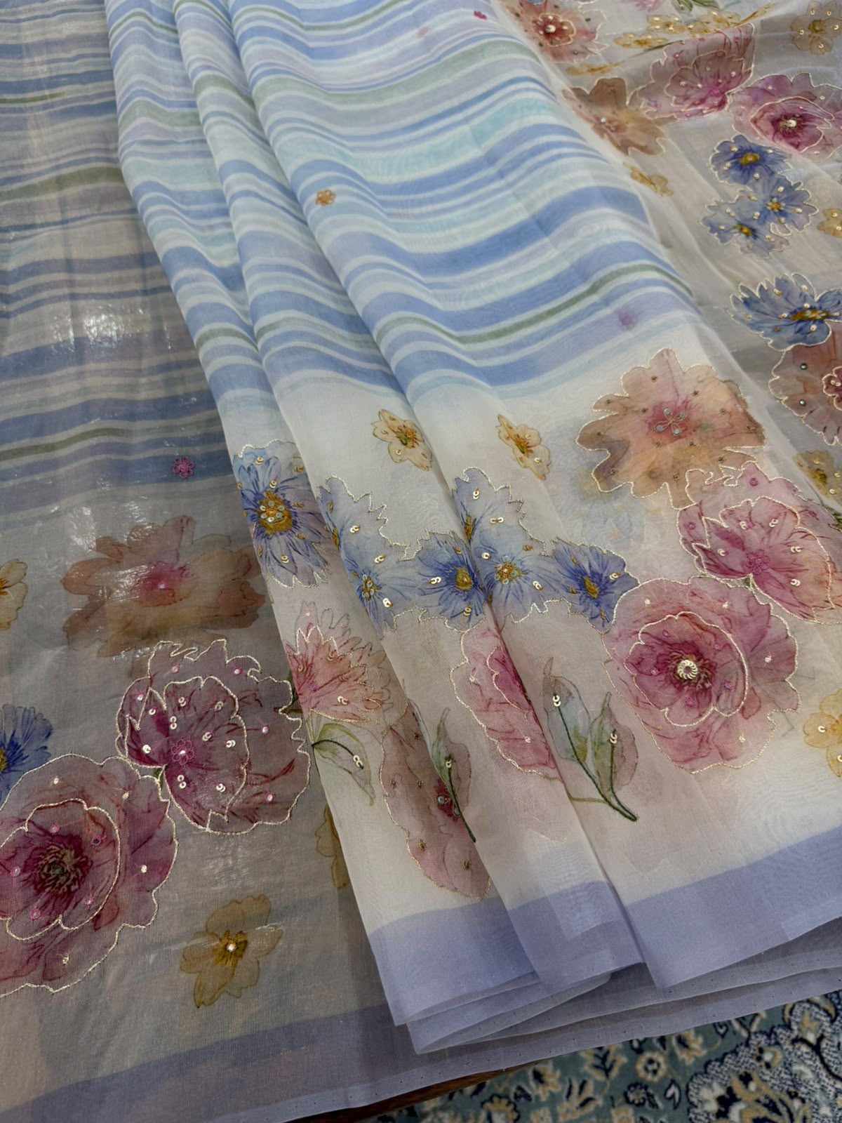 Powder Blue Organza Floral Saree