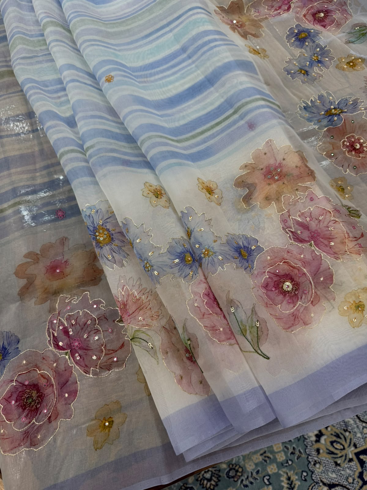 Powder Blue Organza Floral Saree