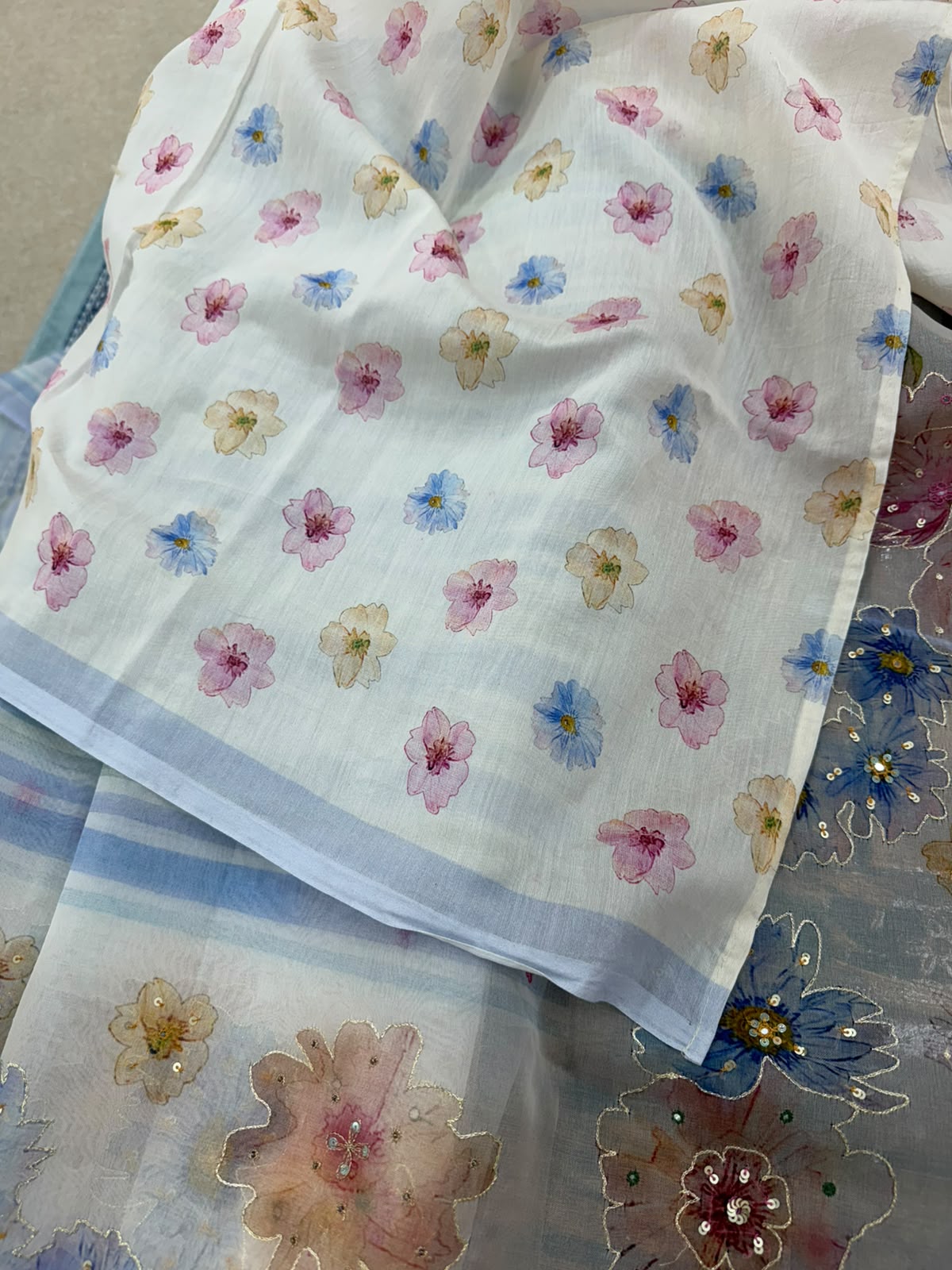 Powder Blue Organza Floral Saree