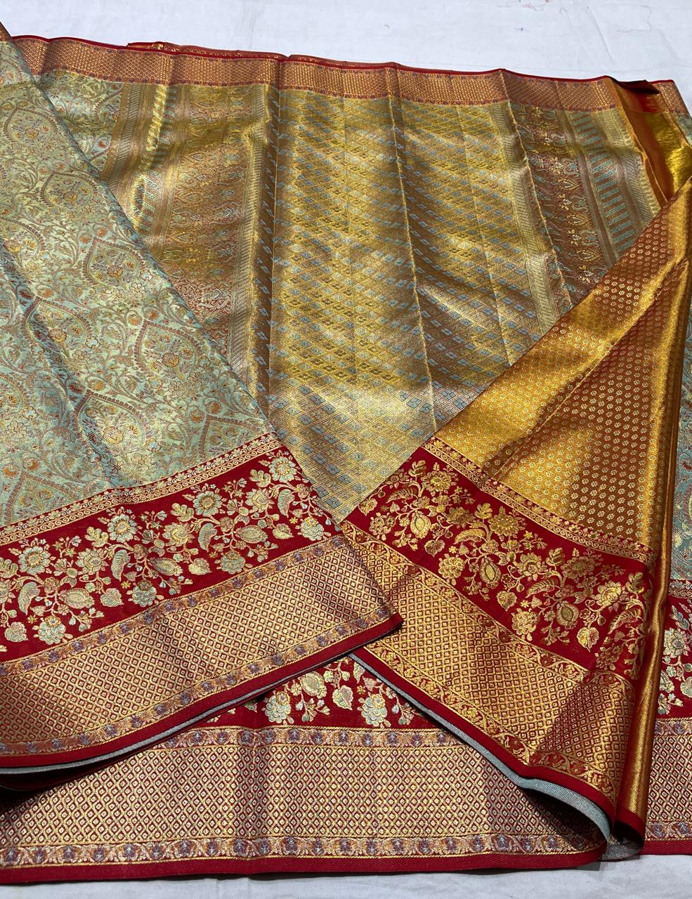 Green / Red Meenakari Kanchi Silks