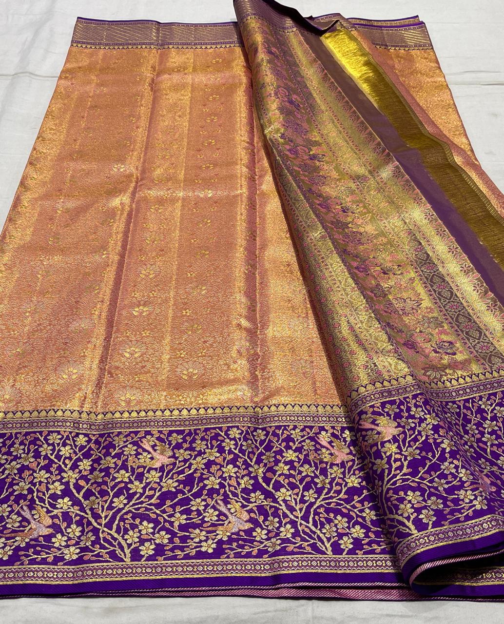 Gold Purple Meenakari Kanchi Silks