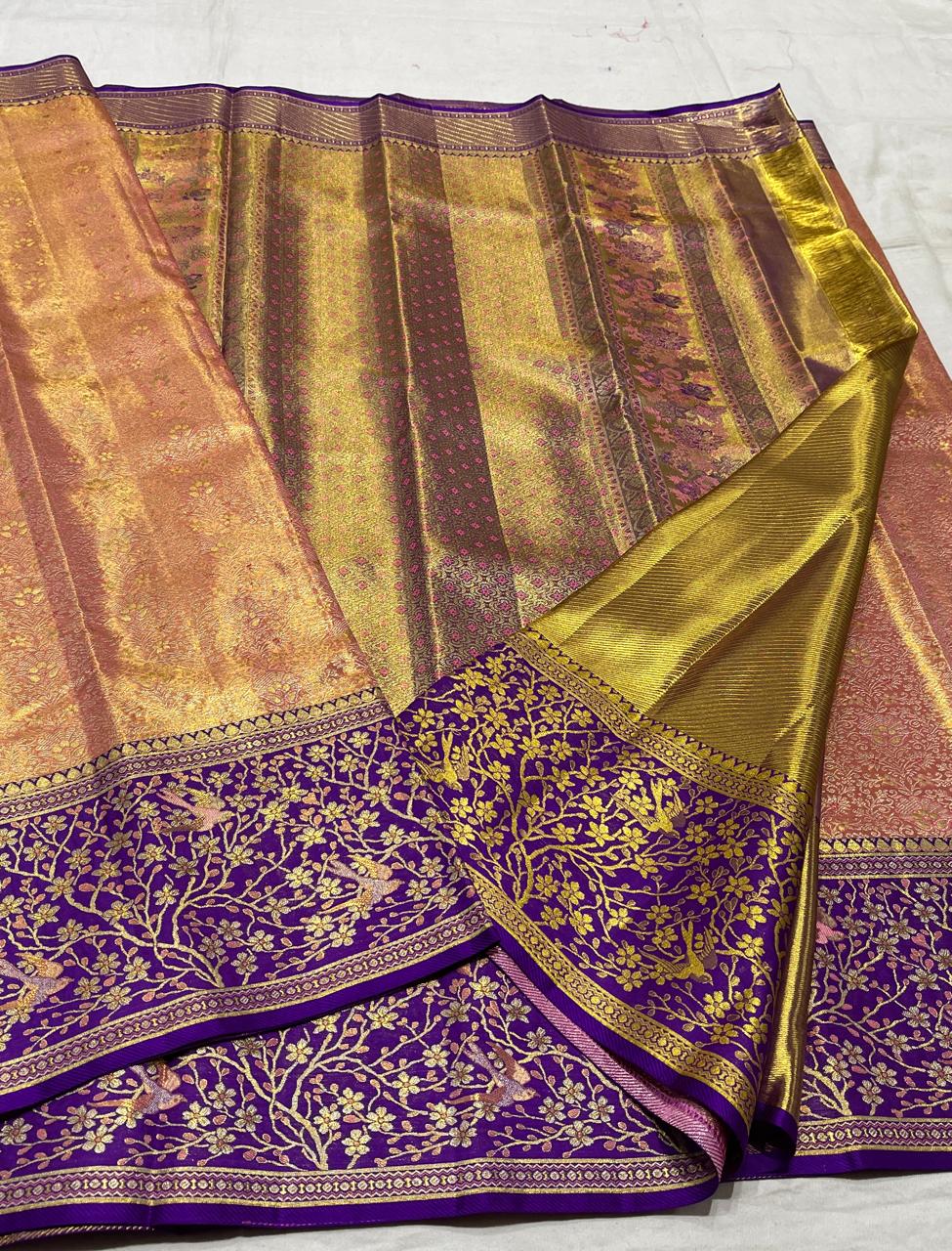 Gold Purple Meenakari Kanchi Silks