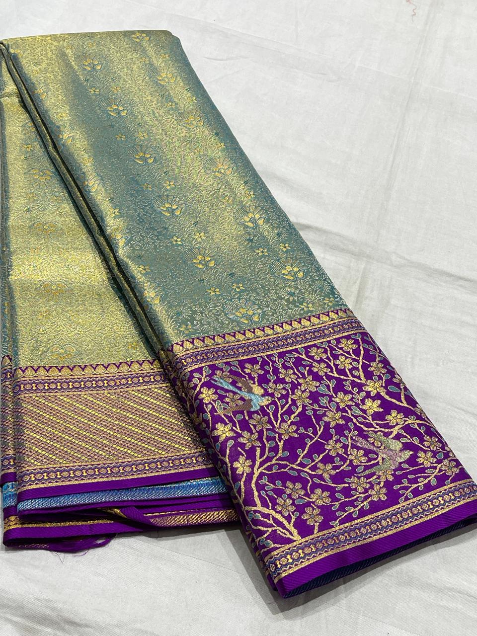 Mint Green / Purple Meenakari Kanchi Silks